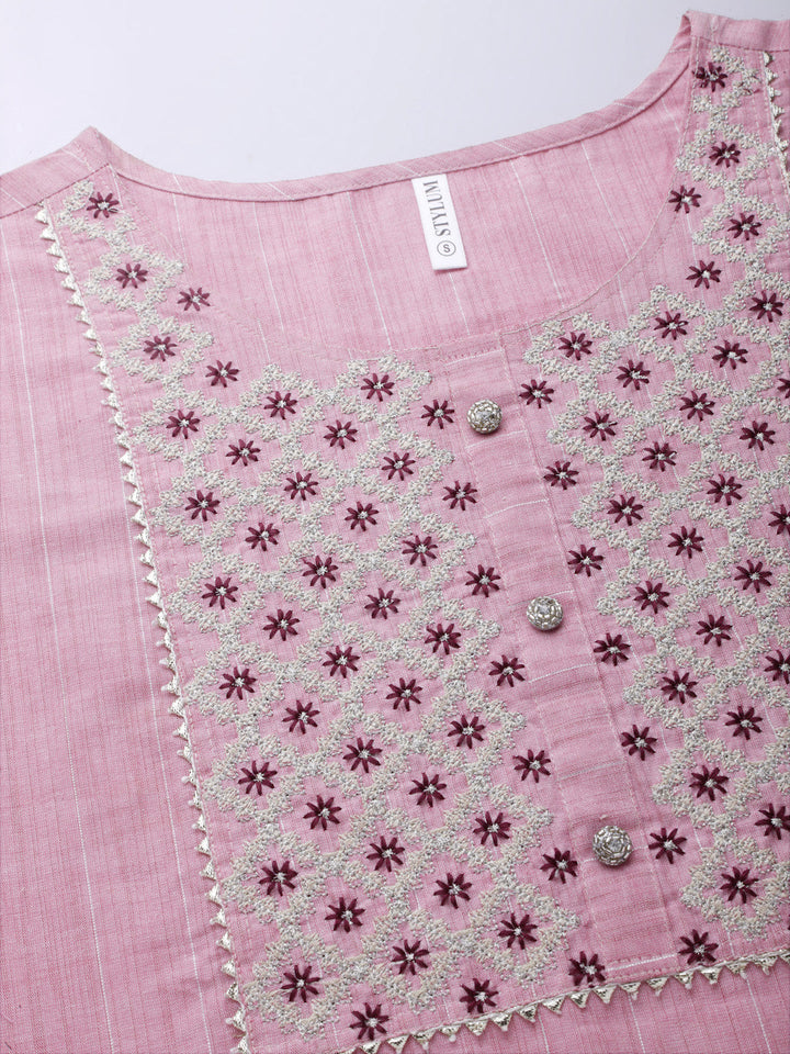 Woven Design &amp; Embroidered Cotton Blend Straight Kurta Pant Set