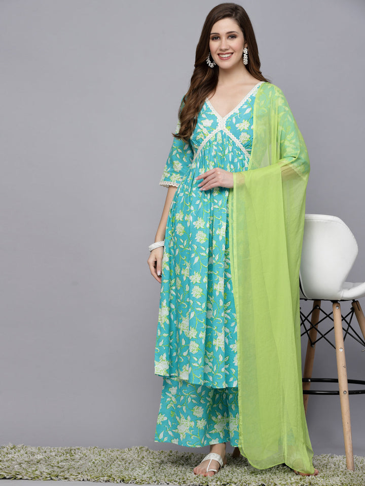 Floral Printed Cotton Pleated Kurta Palazzo Dupatta Set