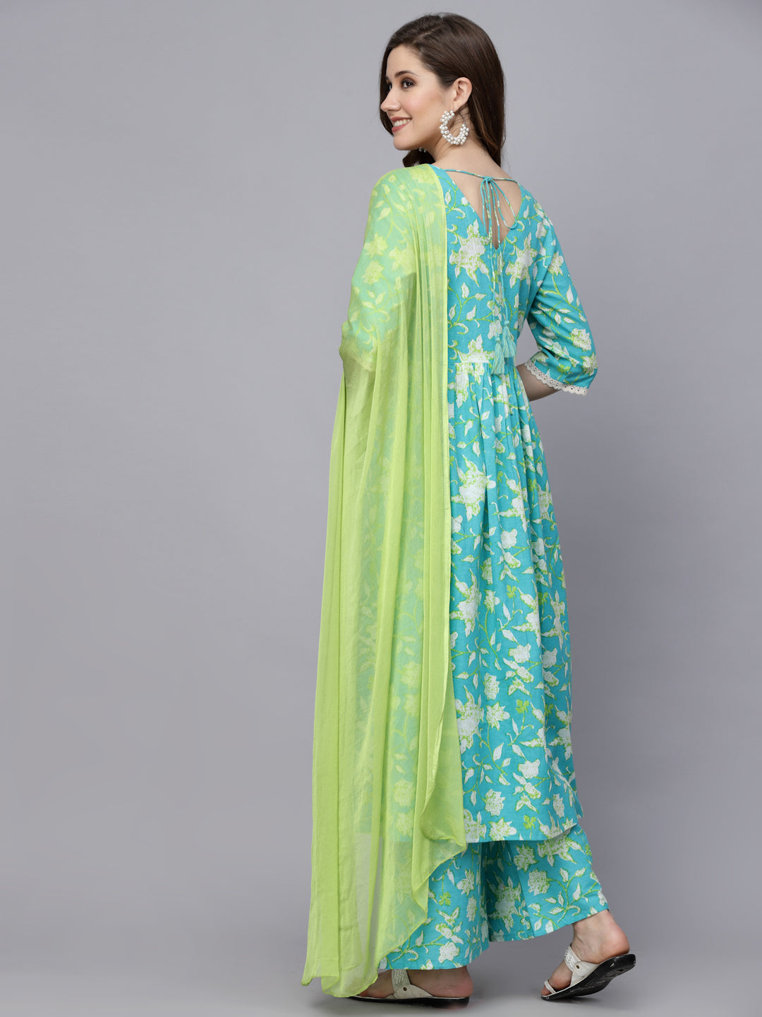 Floral Printed Cotton Pleated Kurta Palazzo Dupatta Set