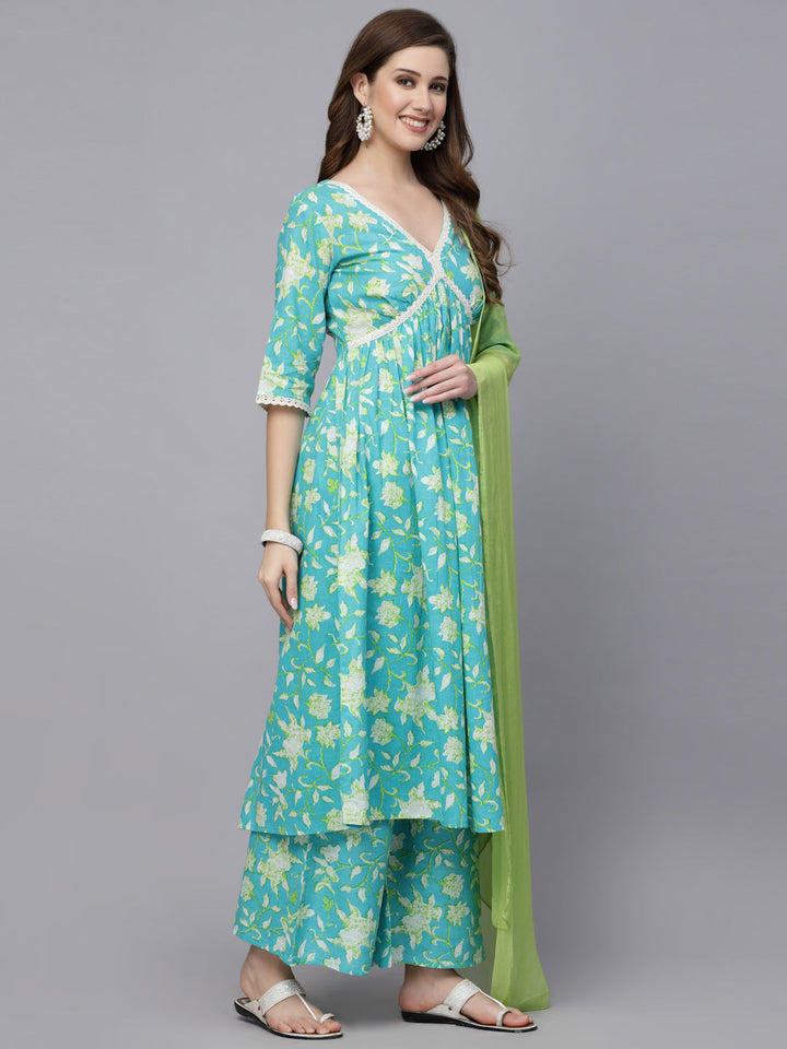 Floral Printed Cotton Pleated Kurta Palazzo Dupatta Set
