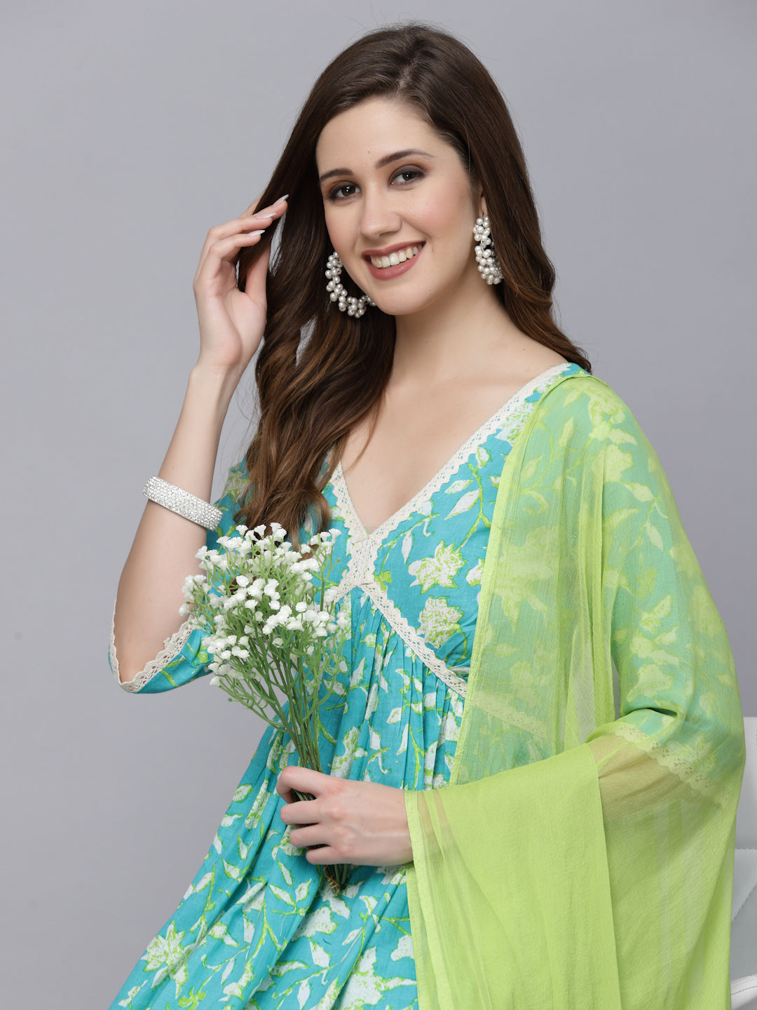 Floral Printed Cotton Pleated Kurta Palazzo Dupatta Set