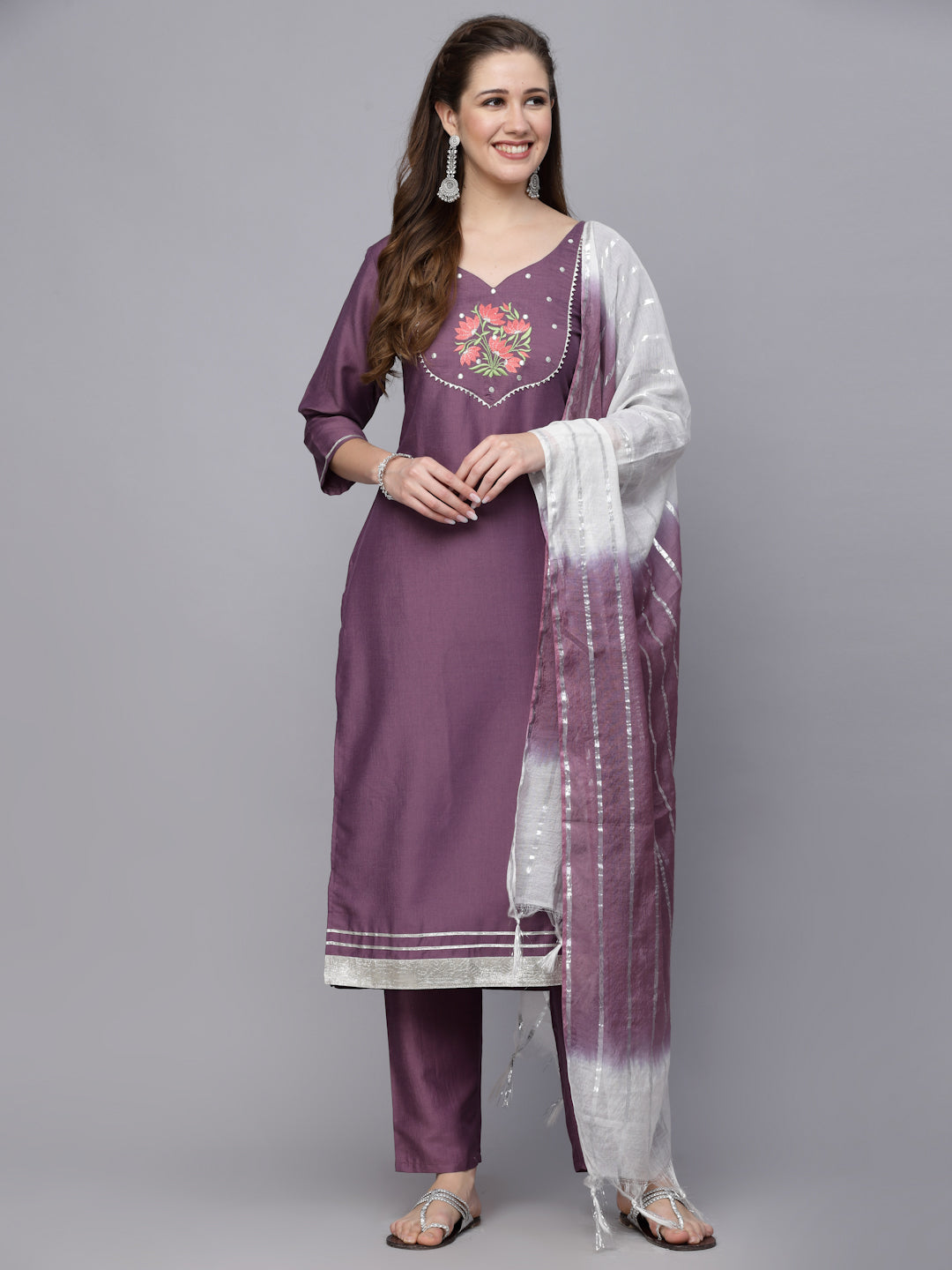 Embroidered Chinnon Straight Kurta Pant Dupatta Set