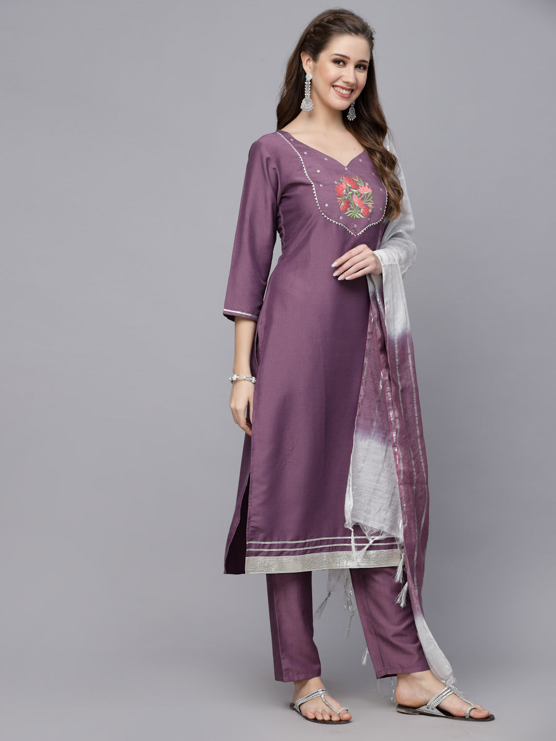 Embroidered Chinnon Straight Kurta Pant Dupatta Set