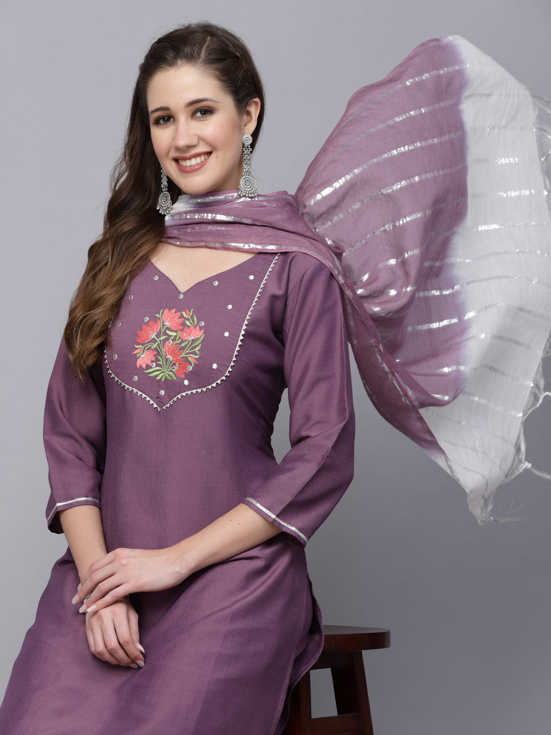 Embroidered Chinnon Straight Kurta Pant Dupatta Set