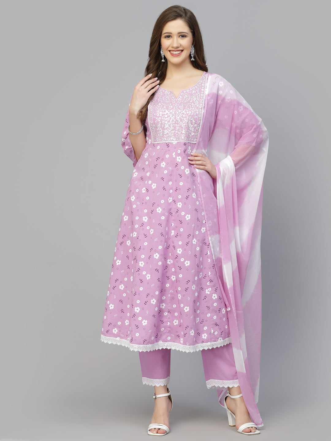 Floral Printed Cotton Anarkali Kurta with Pant &amp; Dupatta