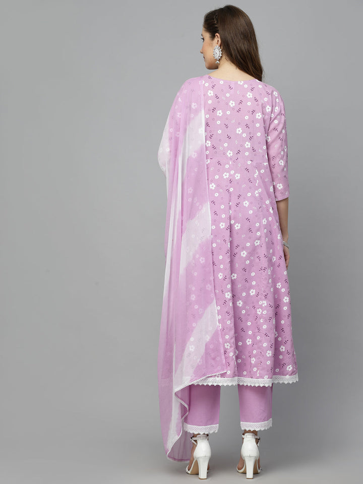 Floral Printed Cotton Anarkali Kurta with Pant &amp; Dupatta