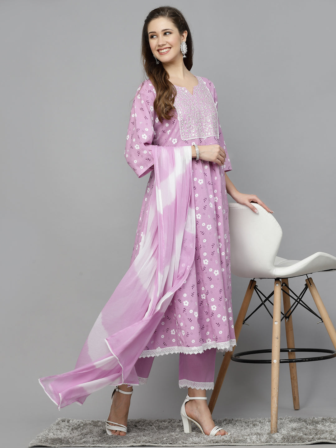 Floral Printed Cotton Anarkali Kurta with Pant &amp; Dupatta