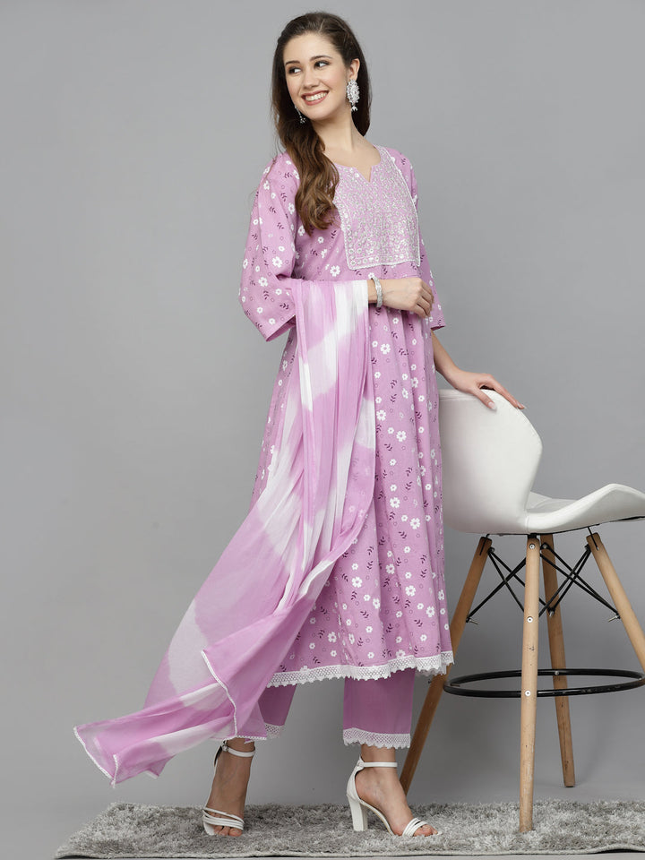 Floral Printed Cotton Anarkali Kurta with Pant &amp; Dupatta