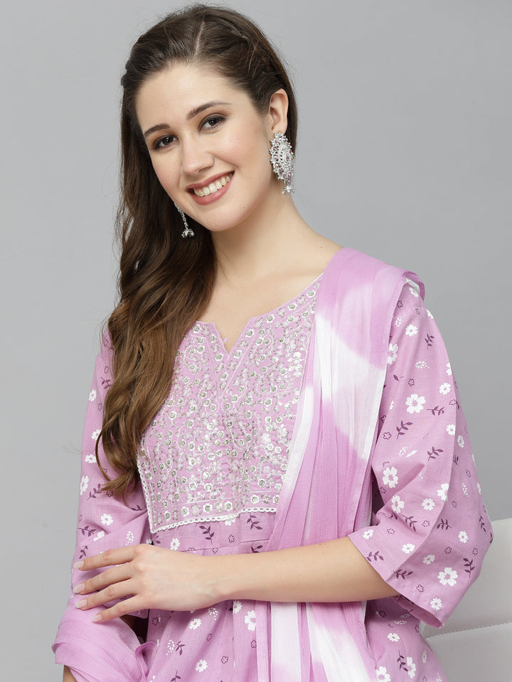 Floral Printed Cotton Anarkali Kurta with Pant &amp; Dupatta