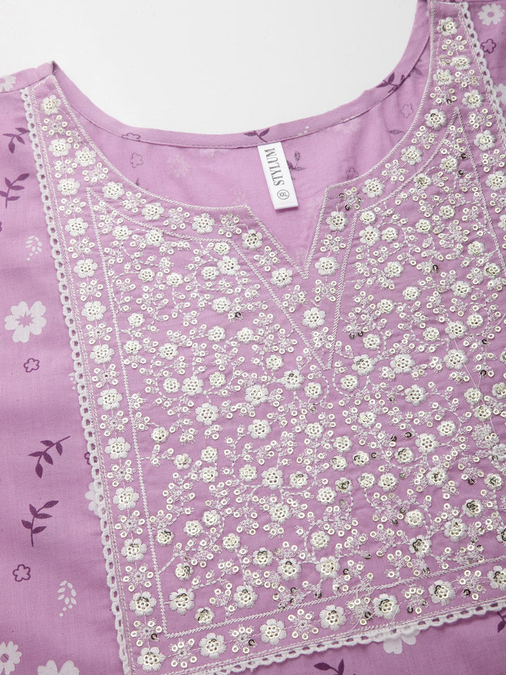 Floral Printed Cotton Anarkali Kurta with Pant &amp; Dupatta
