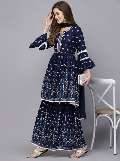 Printed Rayon Short Kurta with Sharara & Dupatta