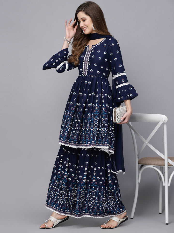 Printed Rayon Short Kurta with Sharara &amp; Dupatta