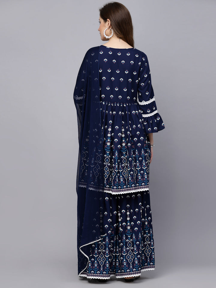 Printed Rayon Short Kurta with Sharara &amp; Dupatta