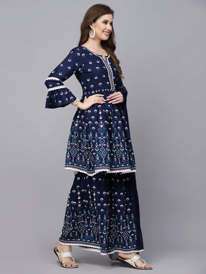 Printed Rayon Short Kurta with Sharara & Dupatta