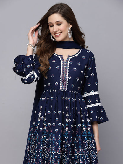 Printed Rayon Short Kurta with Sharara & Dupatta