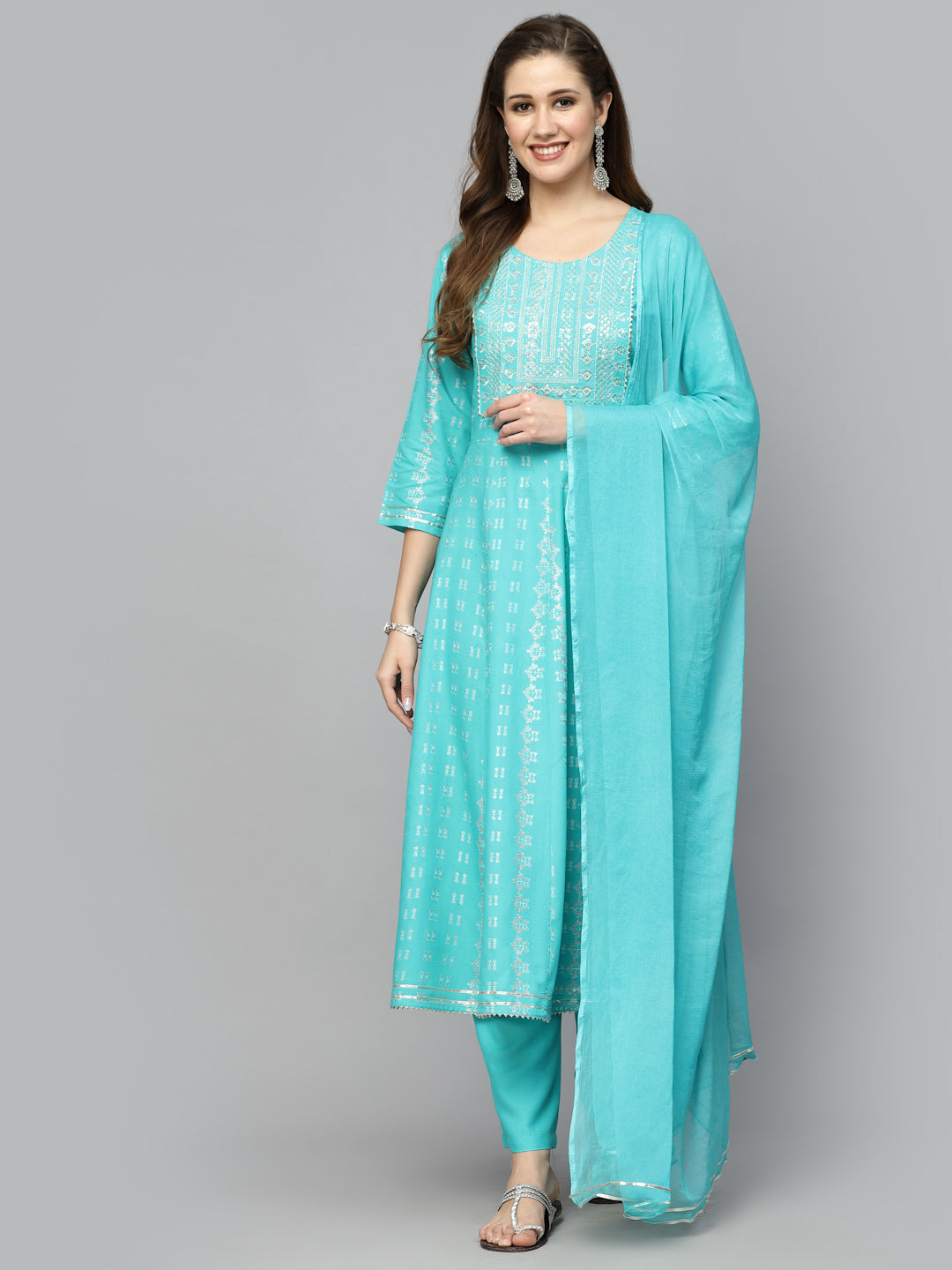 Printed Rayon Embroidered Anarkali Kurta Pant Dupatta Set