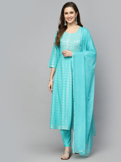 Printed Rayon Embroidered Anarkali Kurta Pant Dupatta Set