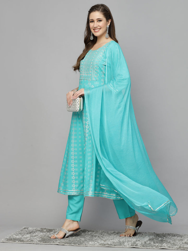 Printed Rayon Embroidered Anarkali Kurta Pant Dupatta Set