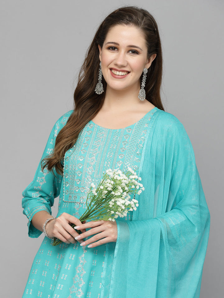 Printed Rayon Embroidered Anarkali Kurta Pant Dupatta Set
