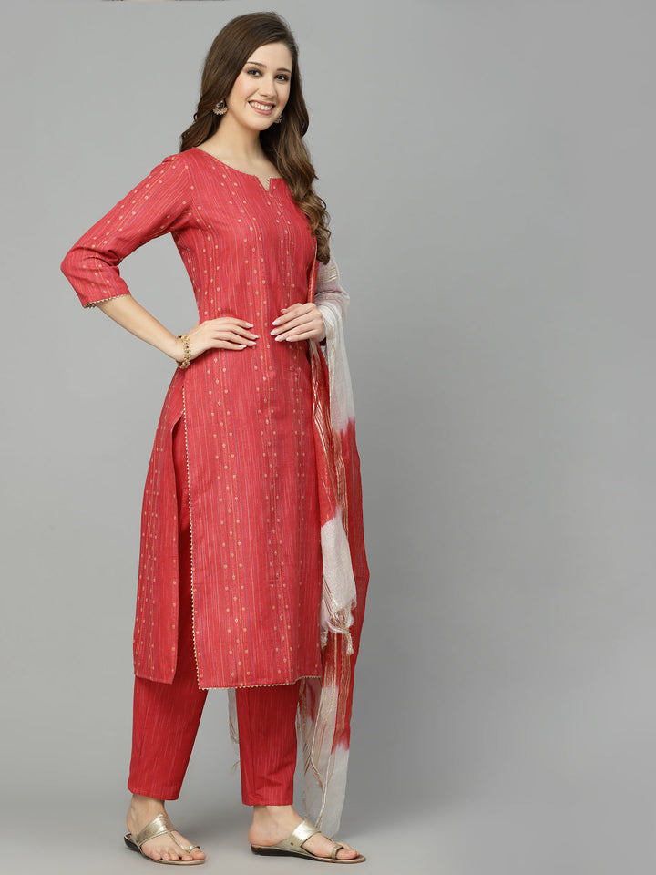 Woven Design Cotton Blend Straight Kurta Pant Dupatta Set
