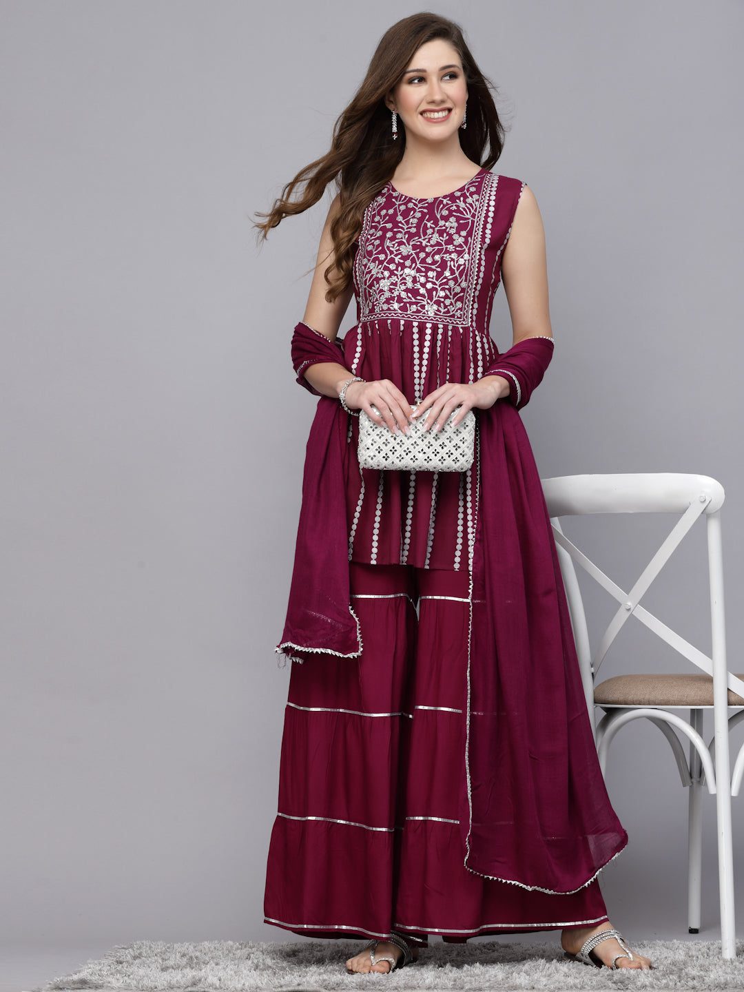 Printed &amp; Embroidered Rayon Short Kurta Sharara Dupatta Set