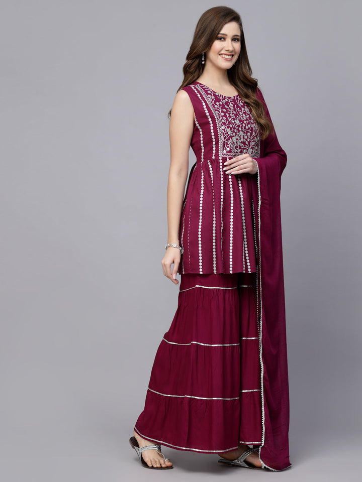 Printed &amp; Embroidered Rayon Short Kurta Sharara Dupatta Set