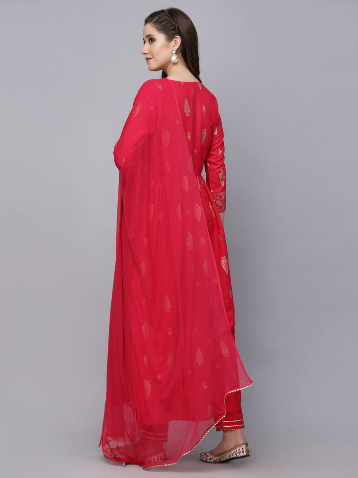 Gold Printed Rayon Naira Cut Kurta Pant Dupatta Set