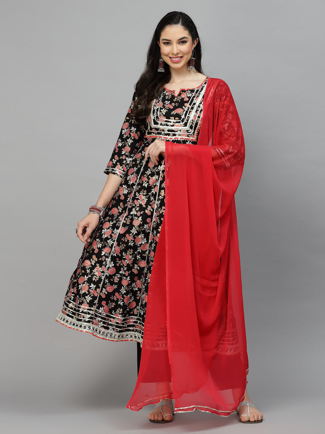Floral Printed Rayon Anarkali Kurta Pant Dupatta Set