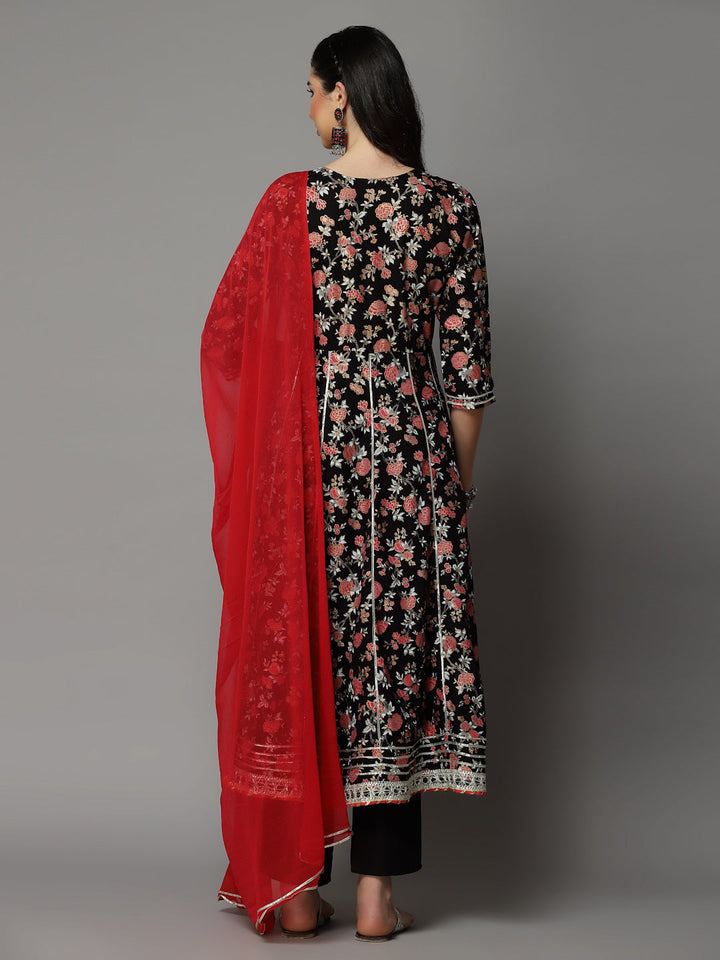 Floral Printed Rayon Anarkali Kurta Pant Dupatta Set
