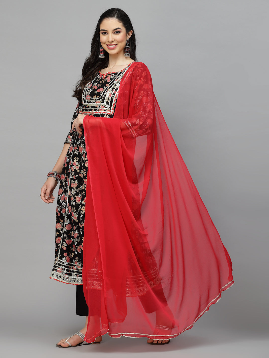 Floral Printed Rayon Anarkali Kurta Pant Dupatta Set