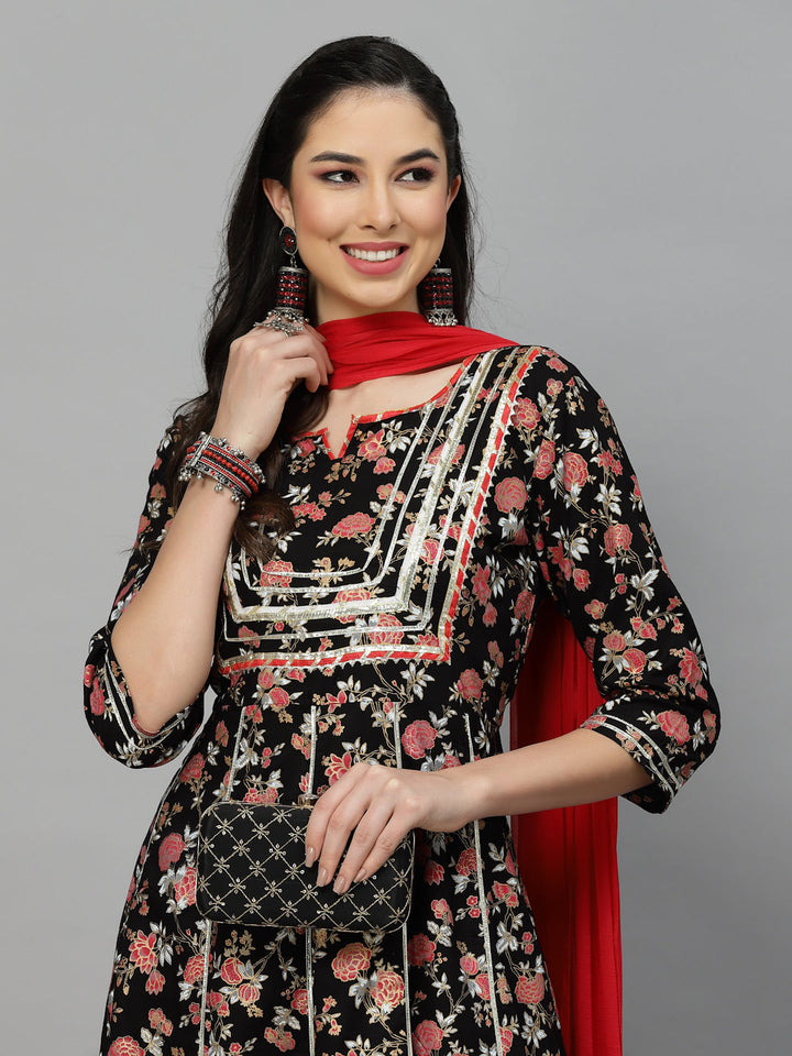 Floral Printed Rayon Anarkali Kurta Pant Dupatta Set