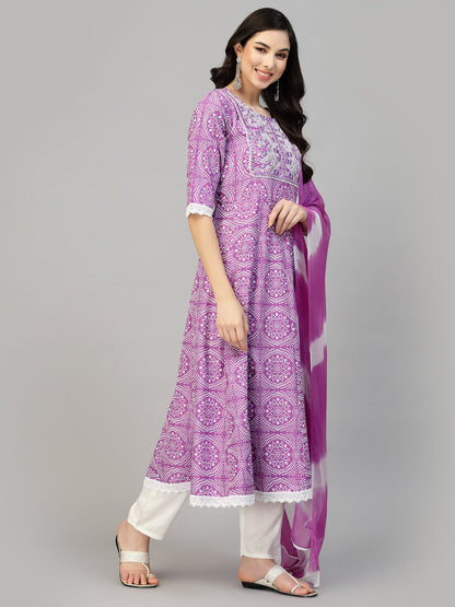 Bandhej Printed & Embroidered Anarkali Kurta Pant Dupatta Set