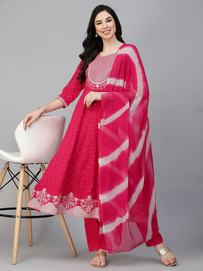 Printed & Embroidered Cotton Anarkali Kurta Pant Dupatta Set