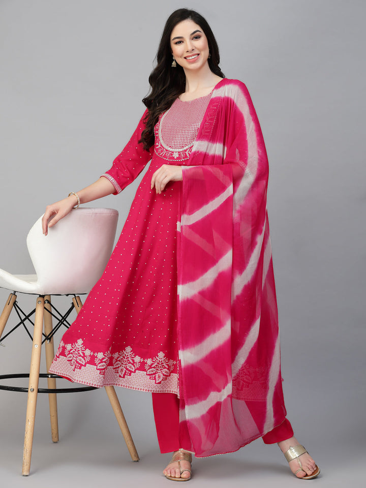 Printed &amp; Embroidered Cotton Anarkali Kurta Pant Dupatta Set
