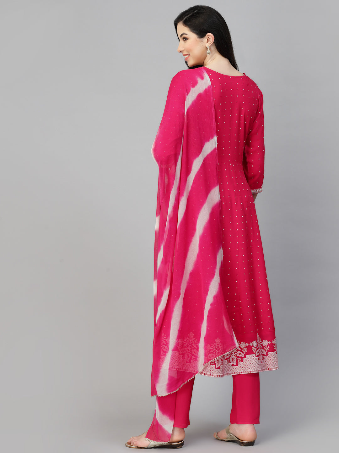 Printed &amp; Embroidered Cotton Anarkali Kurta Pant Dupatta Set