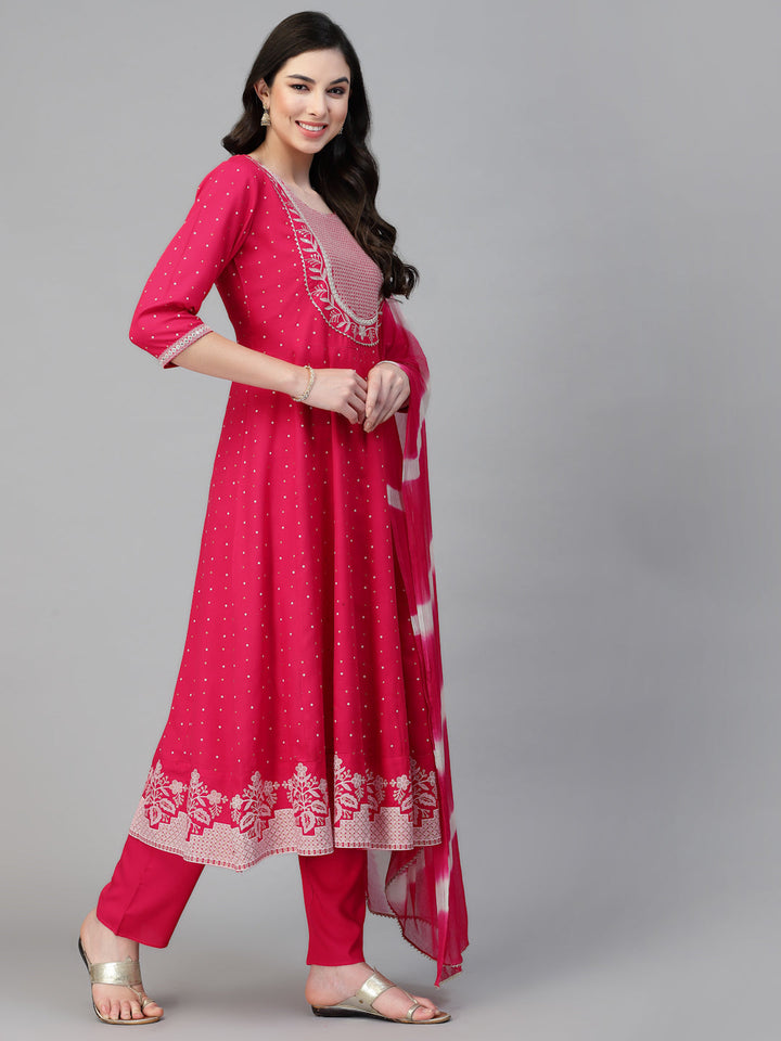 Printed &amp; Embroidered Cotton Anarkali Kurta Pant Dupatta Set