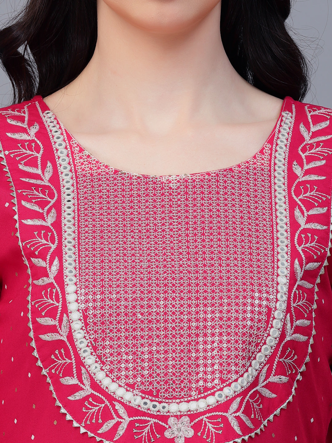 Printed &amp; Embroidered Cotton Anarkali Kurta Pant Dupatta Set