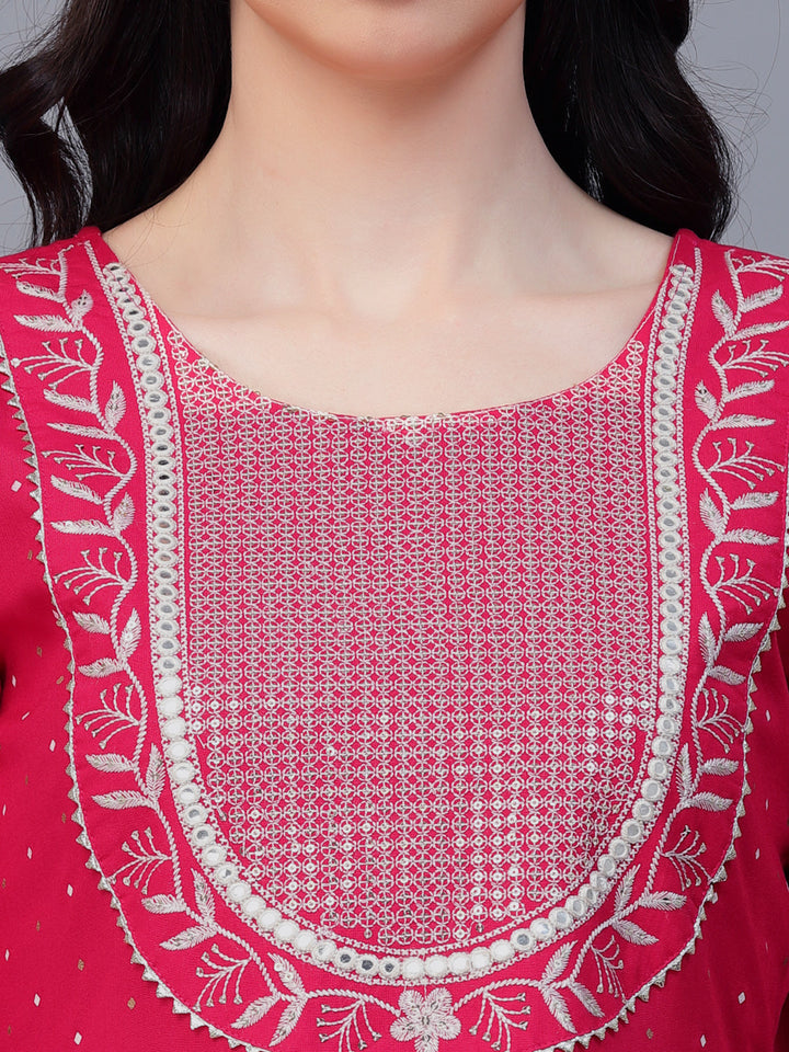 Printed &amp; Embroidered Cotton Anarkali Kurta Pant Dupatta Set