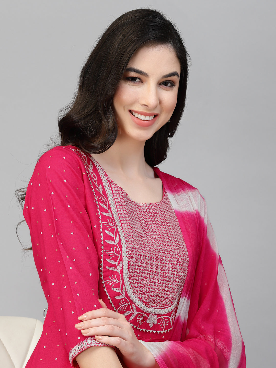 Printed &amp; Embroidered Cotton Anarkali Kurta Pant Dupatta Set