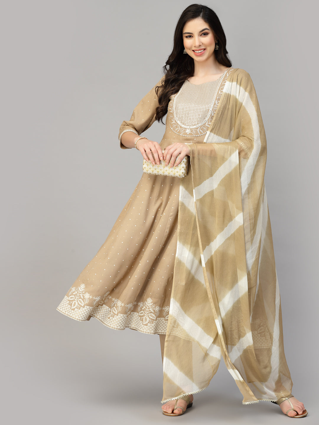 Printed &amp; Embroidered Cotton Anarkali Kurta Pant Dupatta Set