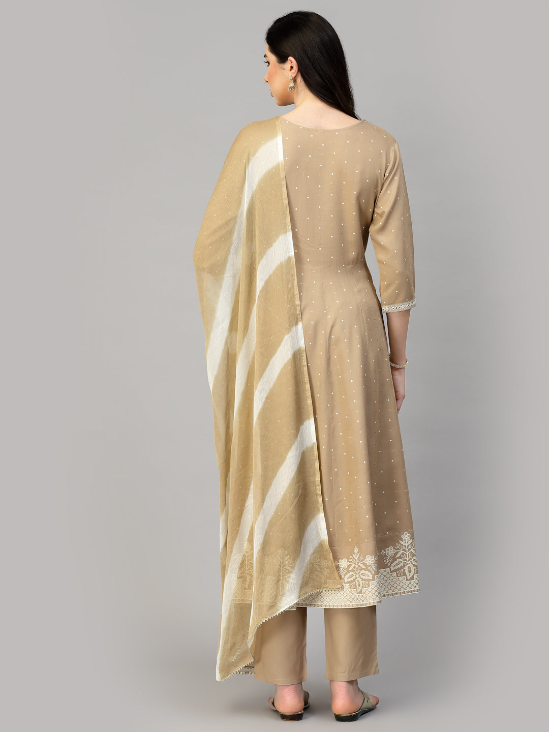 Printed &amp; Embroidered Cotton Anarkali Kurta Pant Dupatta Set