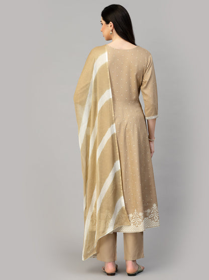 Printed & Embroidered Cotton Anarkali Kurta Pant Dupatta Set