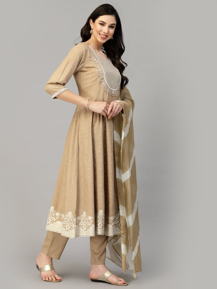 Printed &amp; Embroidered Cotton Anarkali Kurta Pant Dupatta Set