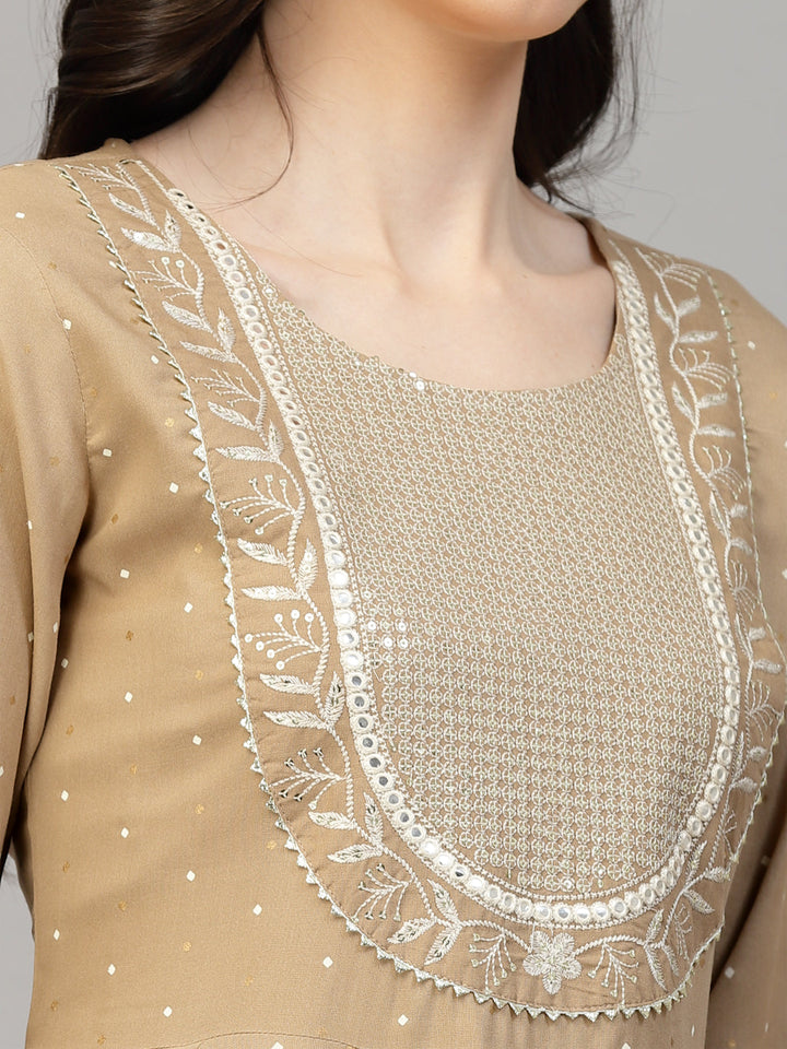 Printed &amp; Embroidered Cotton Anarkali Kurta Pant Dupatta Set