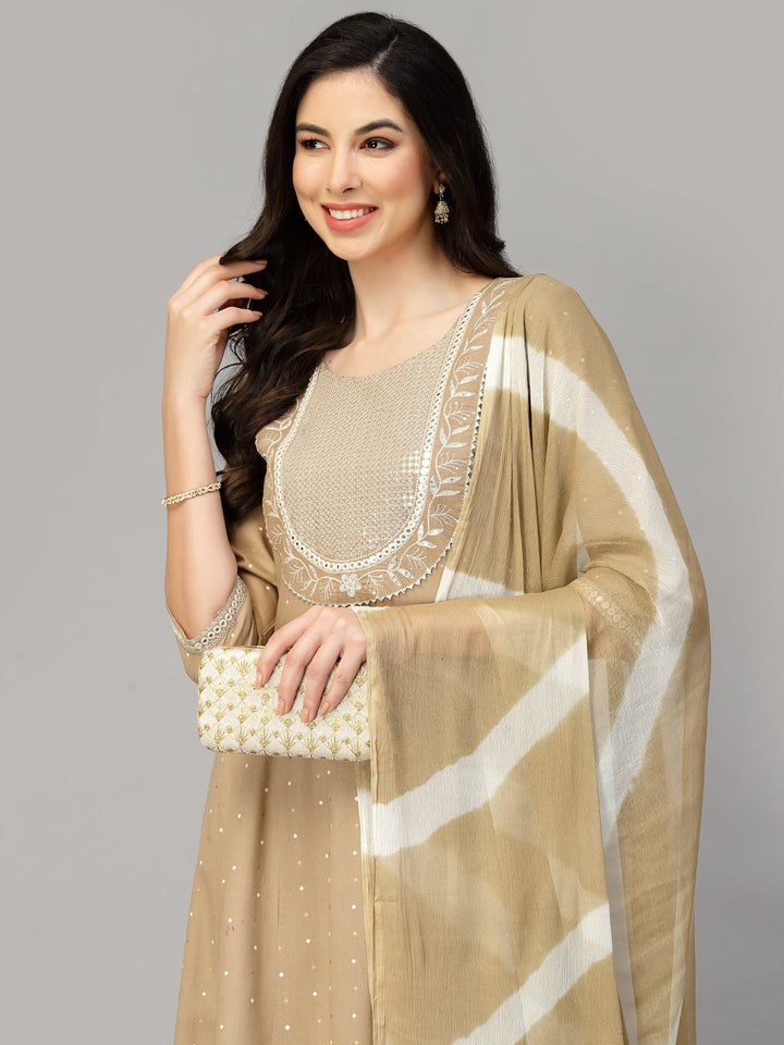 Printed &amp; Embroidered Cotton Anarkali Kurta Pant Dupatta Set
