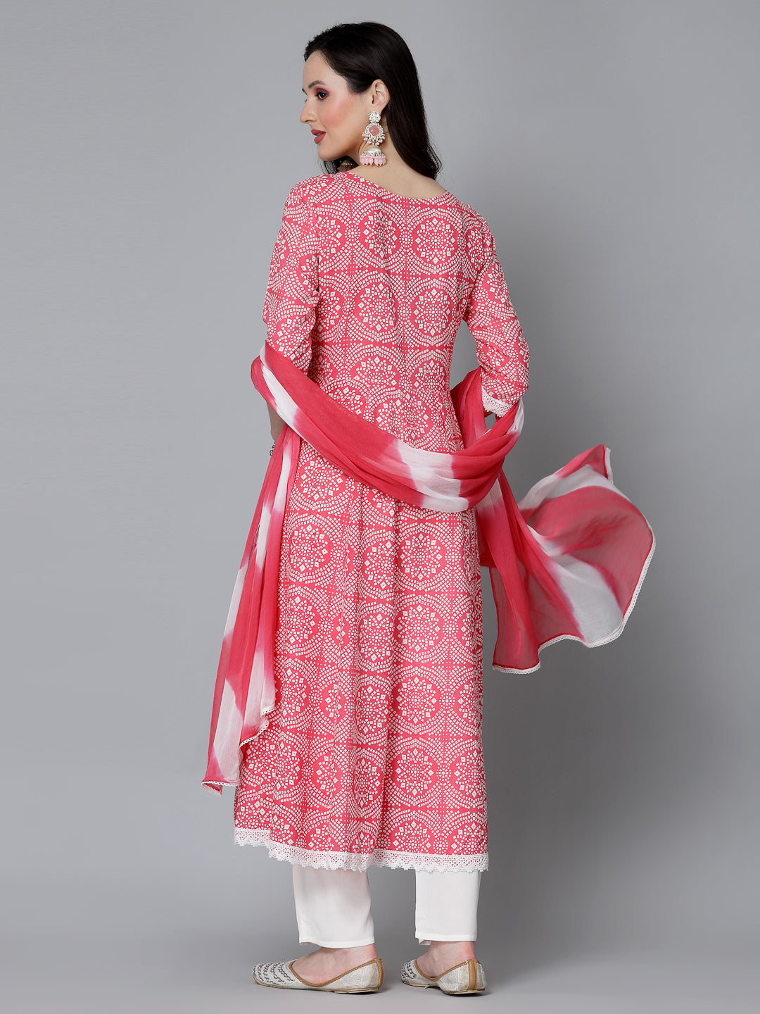 Bandhej Printed & Embroidered Anarkali Kurta Pant Dupatta Set
