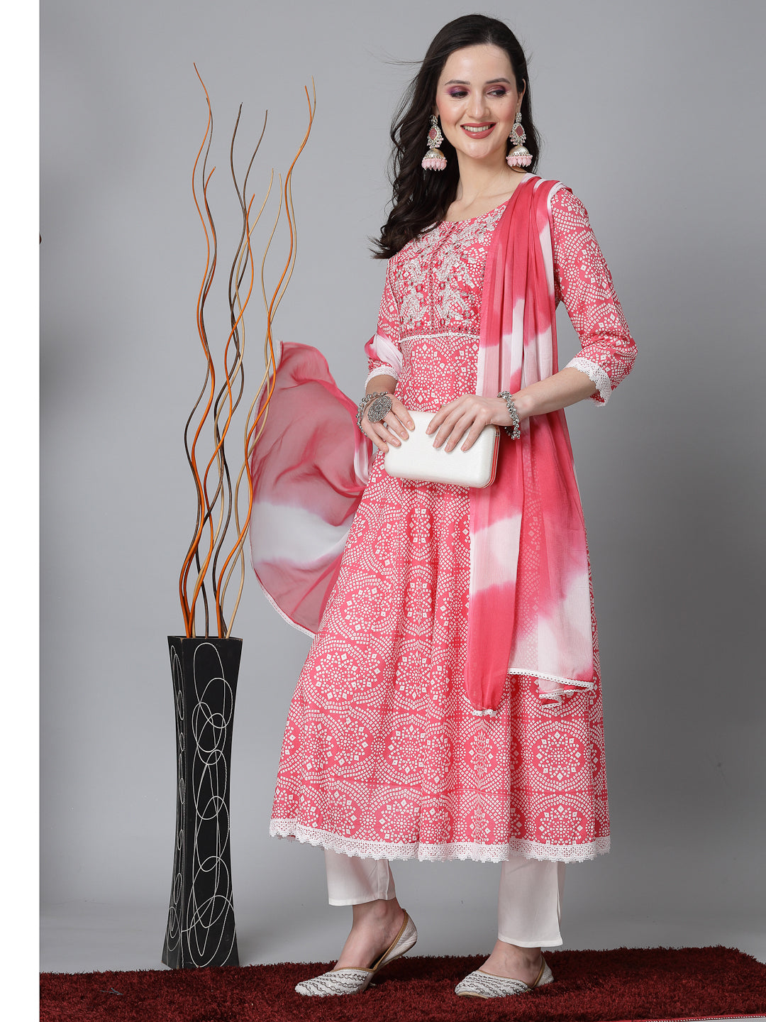 Bandhej Printed & Embroidered Anarkali Kurta Pant Dupatta Set