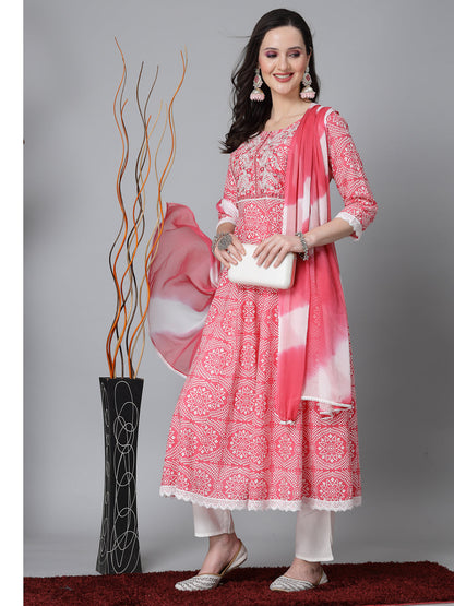 Bandhej Printed & Embroidered Anarkali Kurta Pant Dupatta Set
