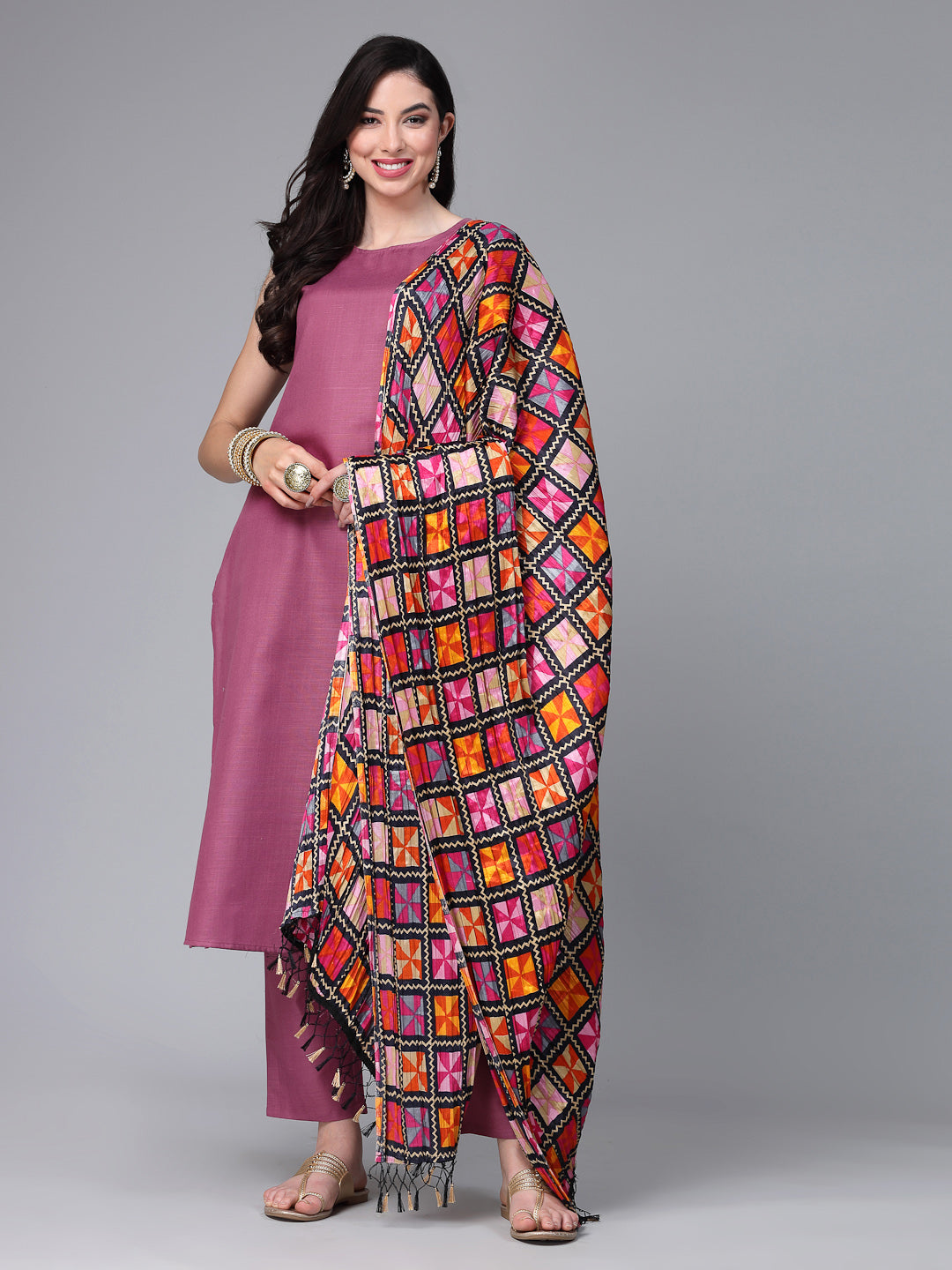 Solid Cotton Blend Straight Kurta Pant Dupatta Set