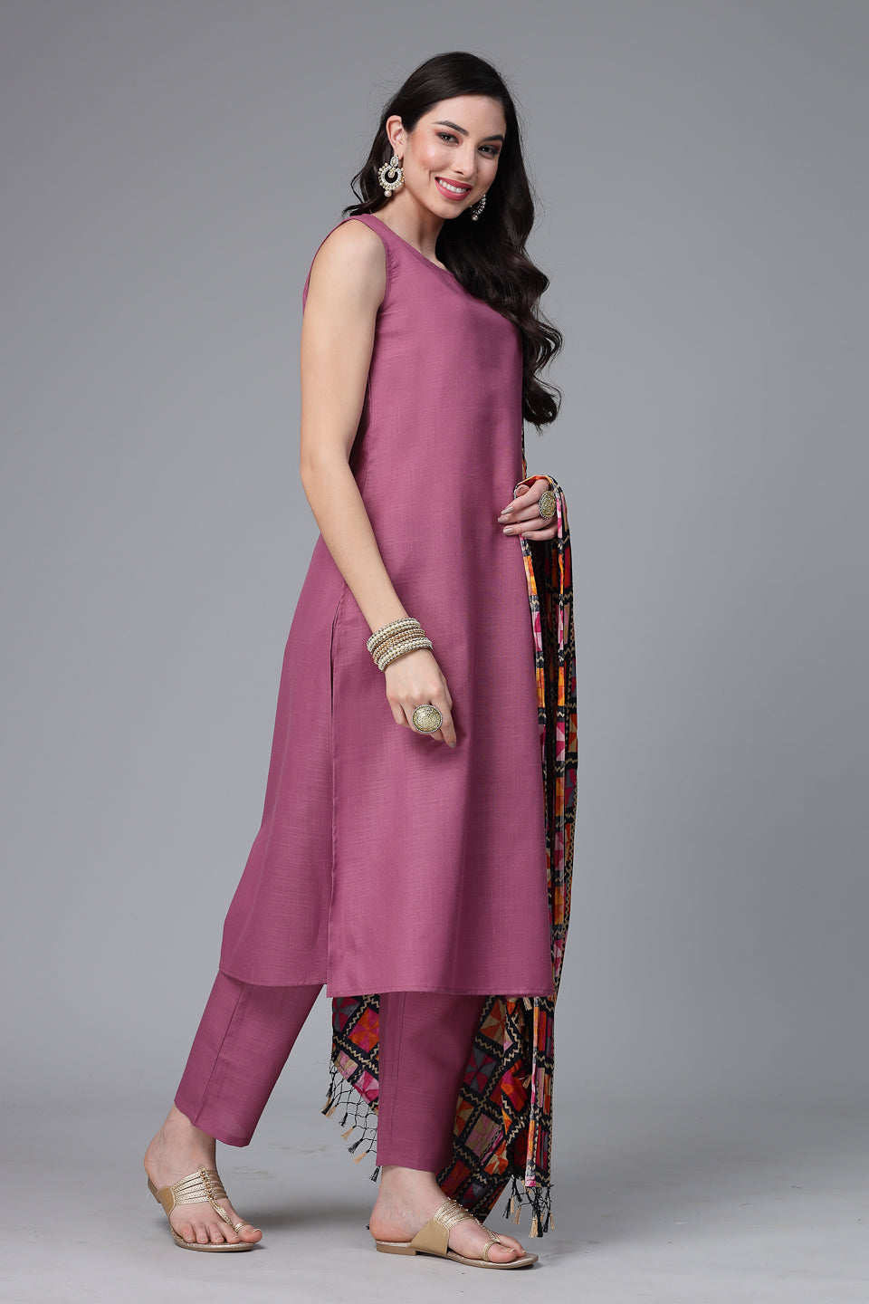 Solid Cotton Blend Straight Kurta Pant Dupatta Set
